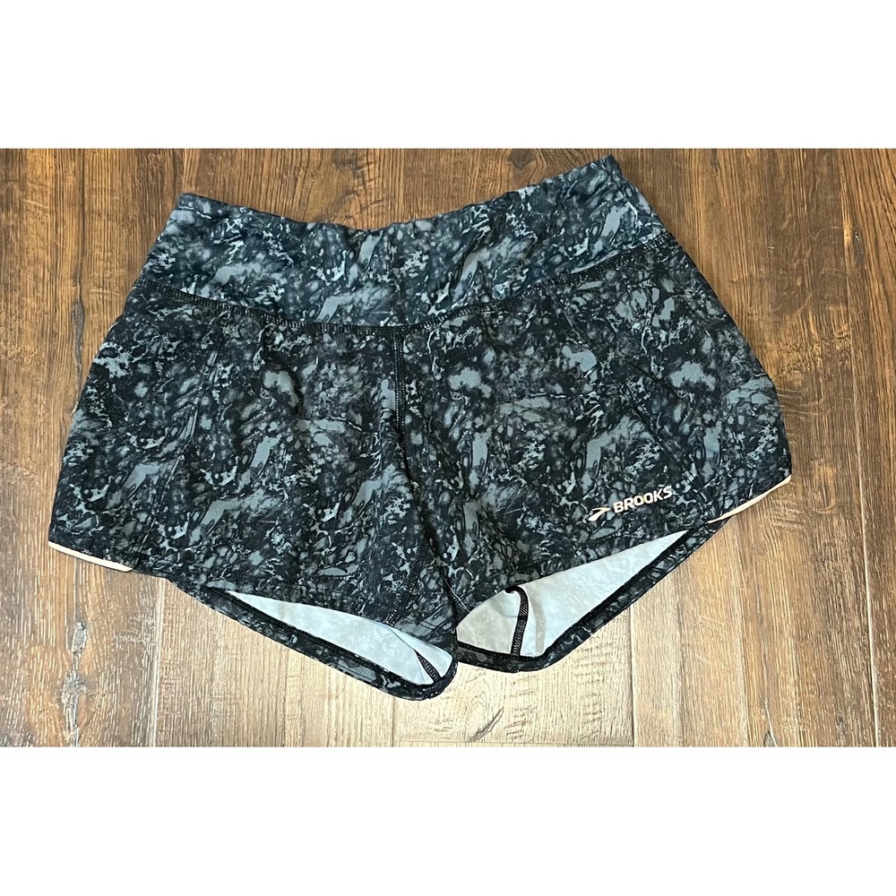 Brooks Womens Chaser Running Shorts Grey Black Marble Rose Gold Logo Size CS